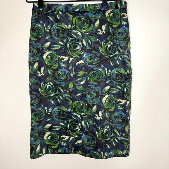 Loft Pencil Skirt w Lining w Green Rose and Navy Background Women's 0 - Picture 1 of 5